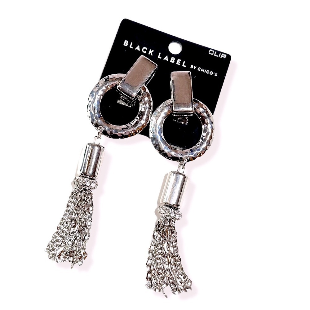 WHBM BLACK LABEL Polished Hammered Silver Tassel Clip Earrings | NWT